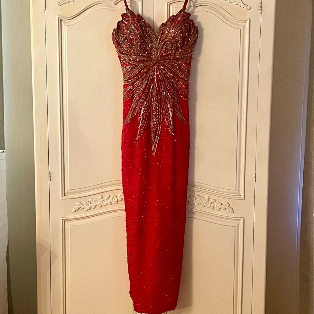 Gold Sequin Embellished Spaghetti Strap Prom Gown